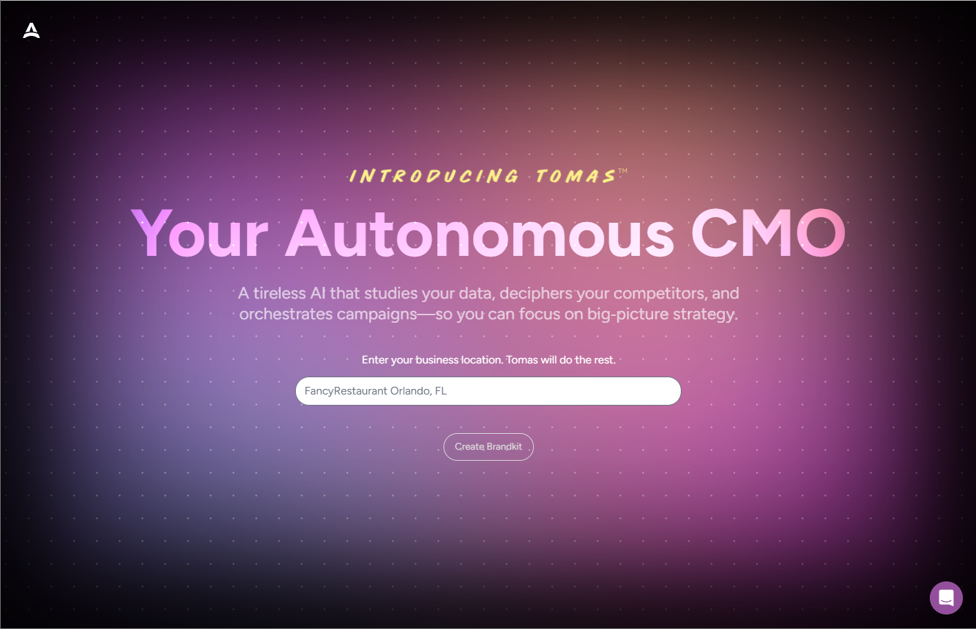 Tomas AI Agent Interface — Your Autonomous CMO Landing Page